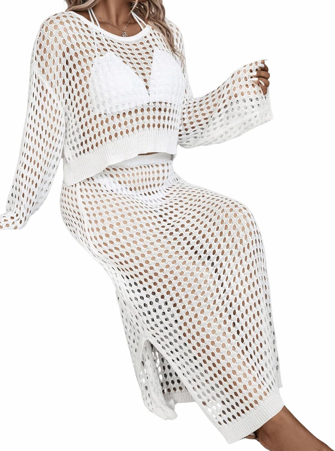Women's 2 Piece Plus Size Cover Up Sweater and Split Thigh Skirt Set Beach Swim Cover Up Outfit