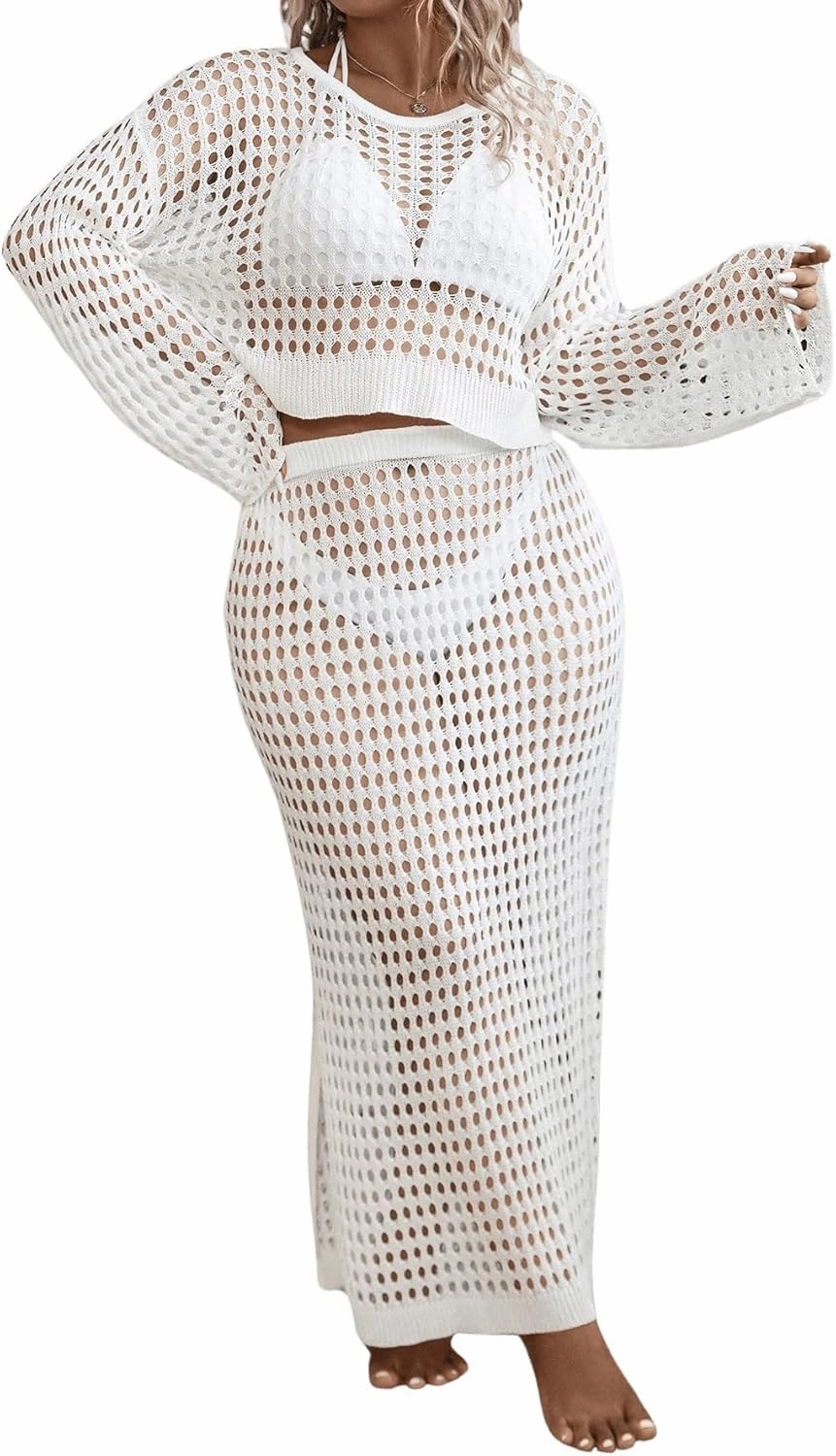 Women's 2 Piece Plus Size Cover Up Sweater and Split Thigh Skirt Set Beach Swim Cover Up Outfit