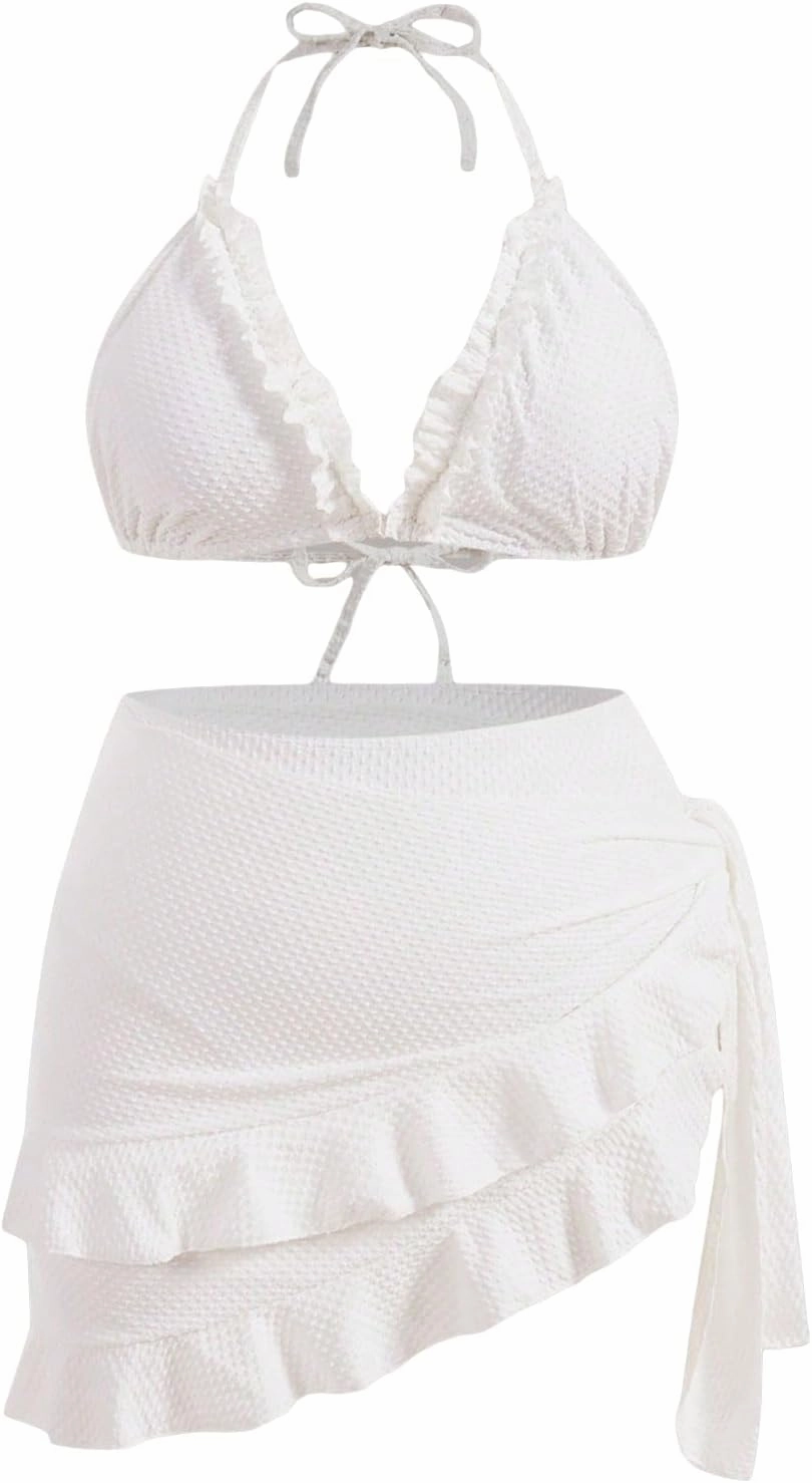 Women's 3 Piece Plus Size Lettuce Trim Bikini Halter Tie Side Triangle Set with Beach Skirt High Cut Bikini Swimsuit