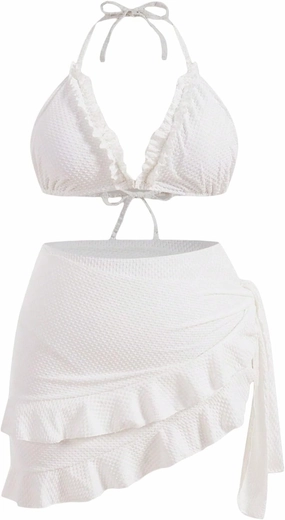 Women's 3 Piece Plus Size Lettuce Trim Bikini Halter Tie Side Triangle Set with Beach Skirt High Cut Bikini Swimsuit