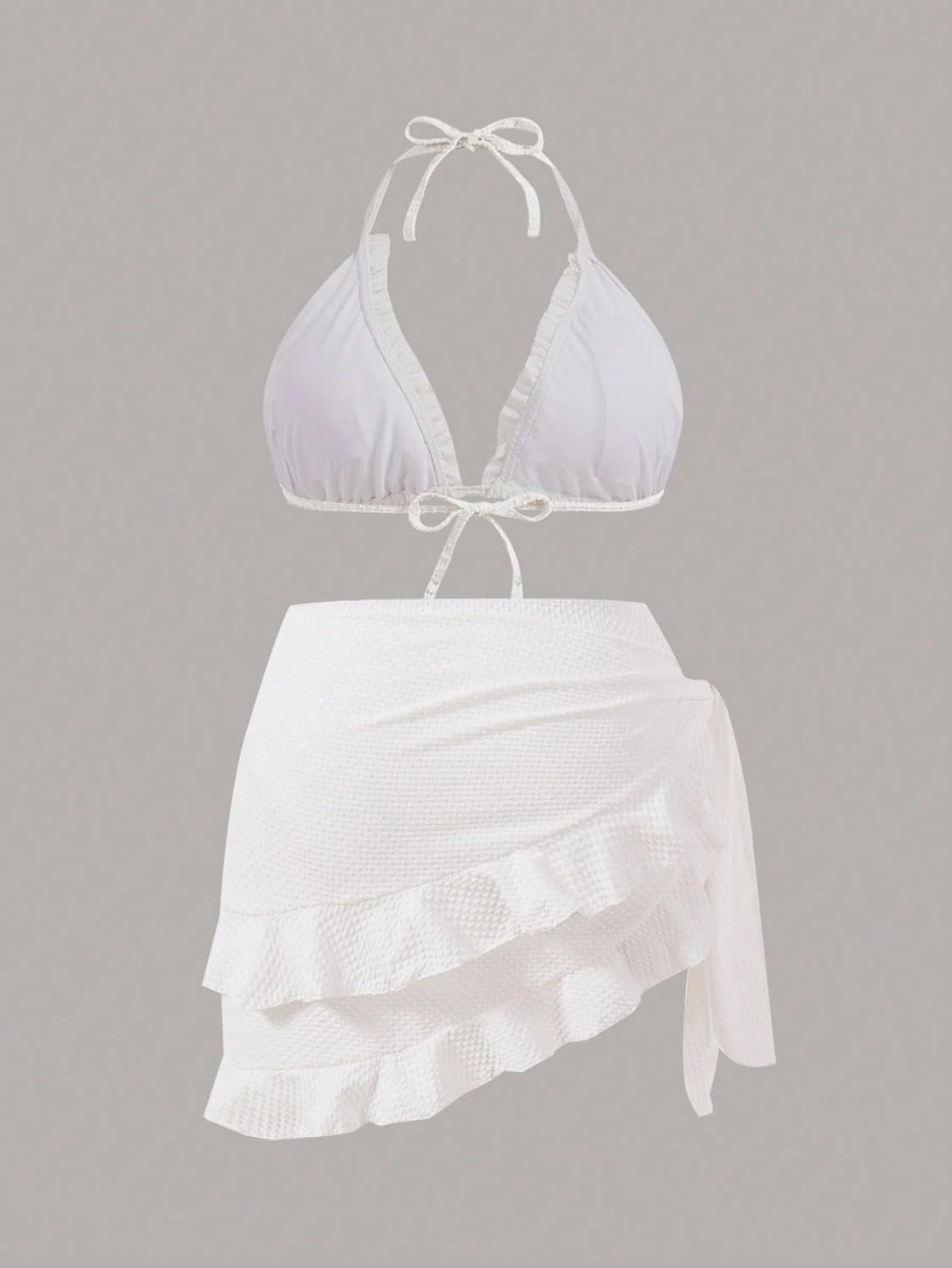 Women's 3 Piece Plus Size Lettuce Trim Bikini Halter Tie Side Triangle Set with Beach Skirt High Cut Bikini Swimsuit