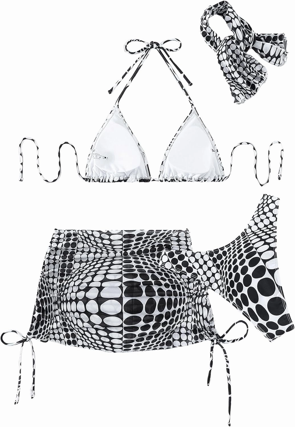 Women's 4 Piece Swimsuits Halter Triangle Bikini Sets Bathing Suit with Mesh Cover Up Skirt & Bandana