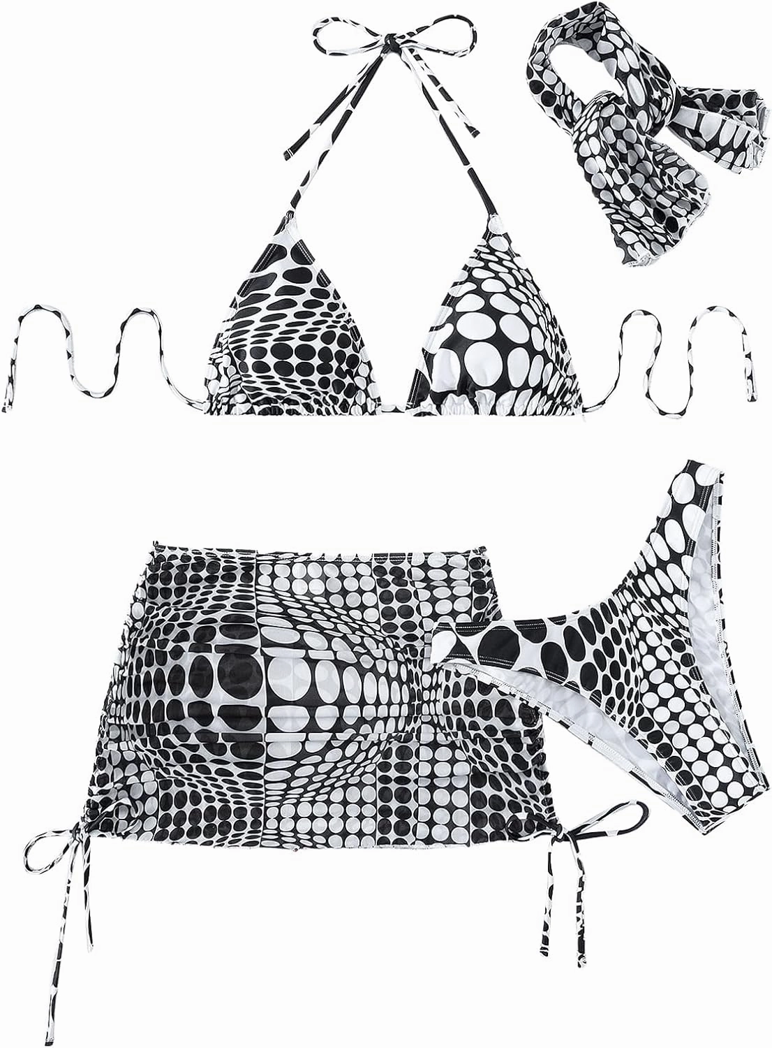 Women's 4 Piece Swimsuits Halter Triangle Bikini Sets Bathing Suit with Mesh Cover Up Skirt & Bandana