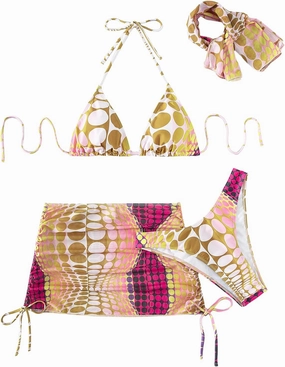 Women's 4 Piece Swimsuits Halter Triangle Bikini Sets Bathing Suit with Mesh Cover Up Skirt & Bandana