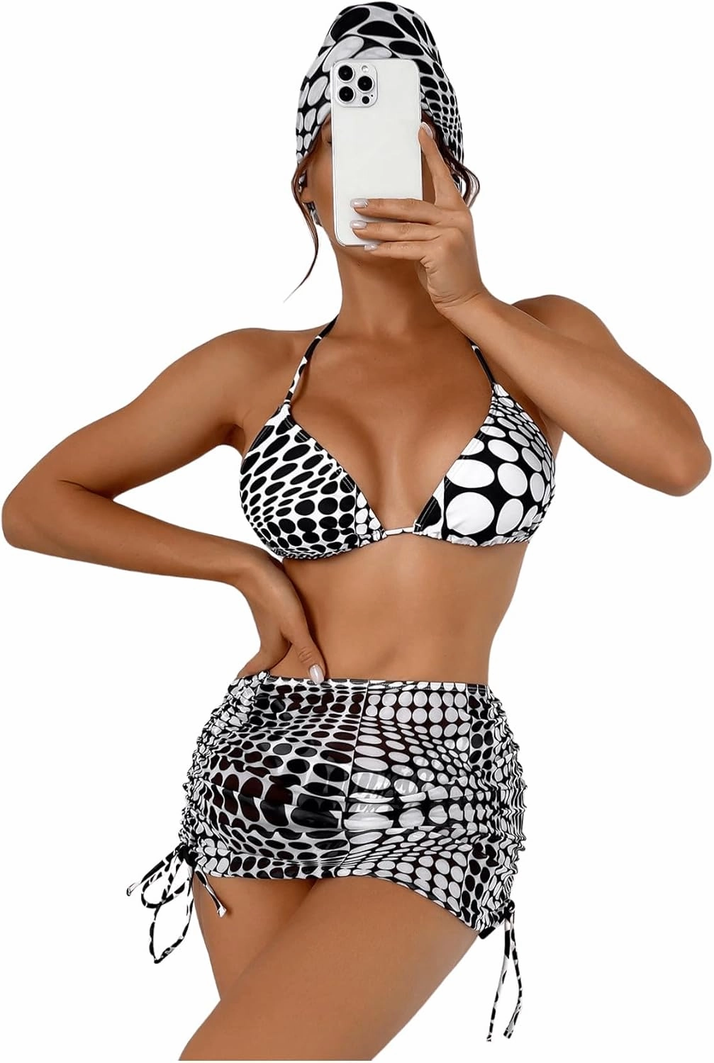 Women's 4 Piece Swimsuits Halter Triangle Bikini Sets Bathing Suit with Mesh Cover Up Skirt & Bandana