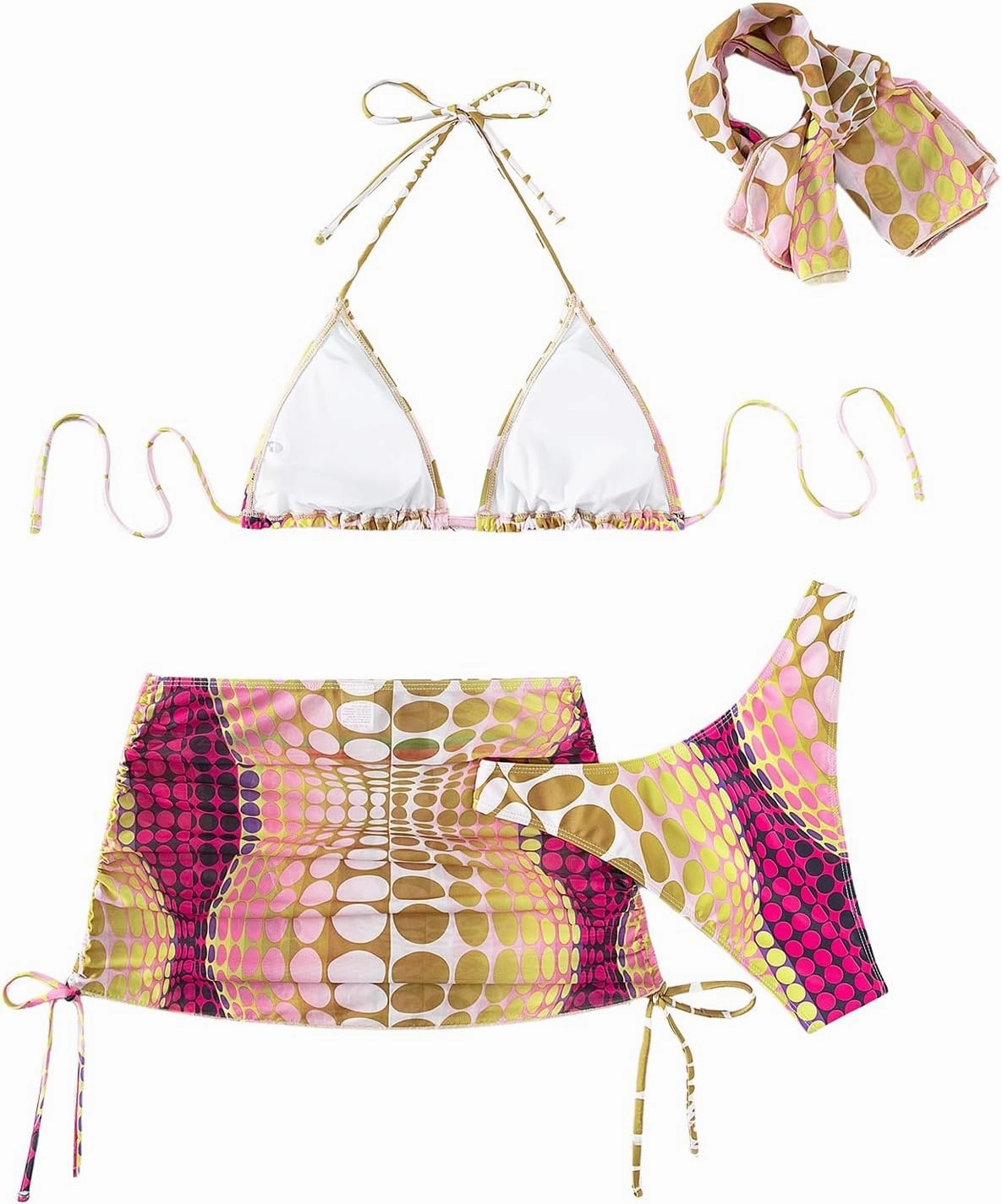 Women's 4 Piece Swimsuits Halter Triangle Bikini Sets Bathing Suit with Mesh Cover Up Skirt & Bandana