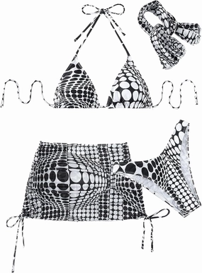 Women's 4 Piece Swimsuits Halter Triangle Bikini Sets Bathing Suit with Mesh Cover Up Skirt & Bandana