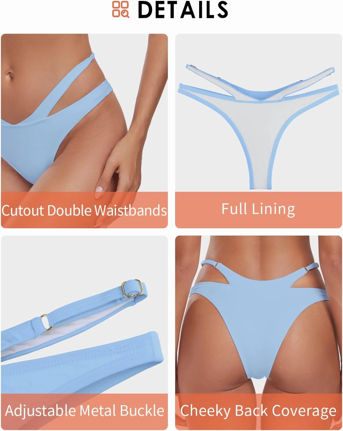 Women's Adjustable Swim Bottoms High Cut Low Waisted Bikini Bottoms Cheeky Bathing Suit Bottoms