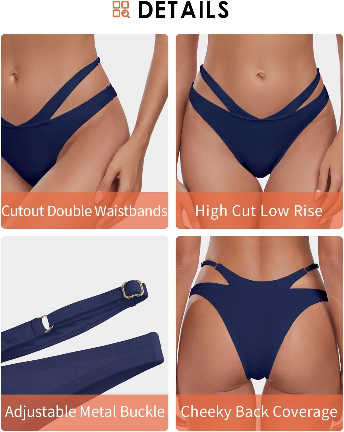 Women's Adjustable Swim Bottoms High Cut Low Waisted Bikini Bottoms Cheeky Bathing Suit Bottoms