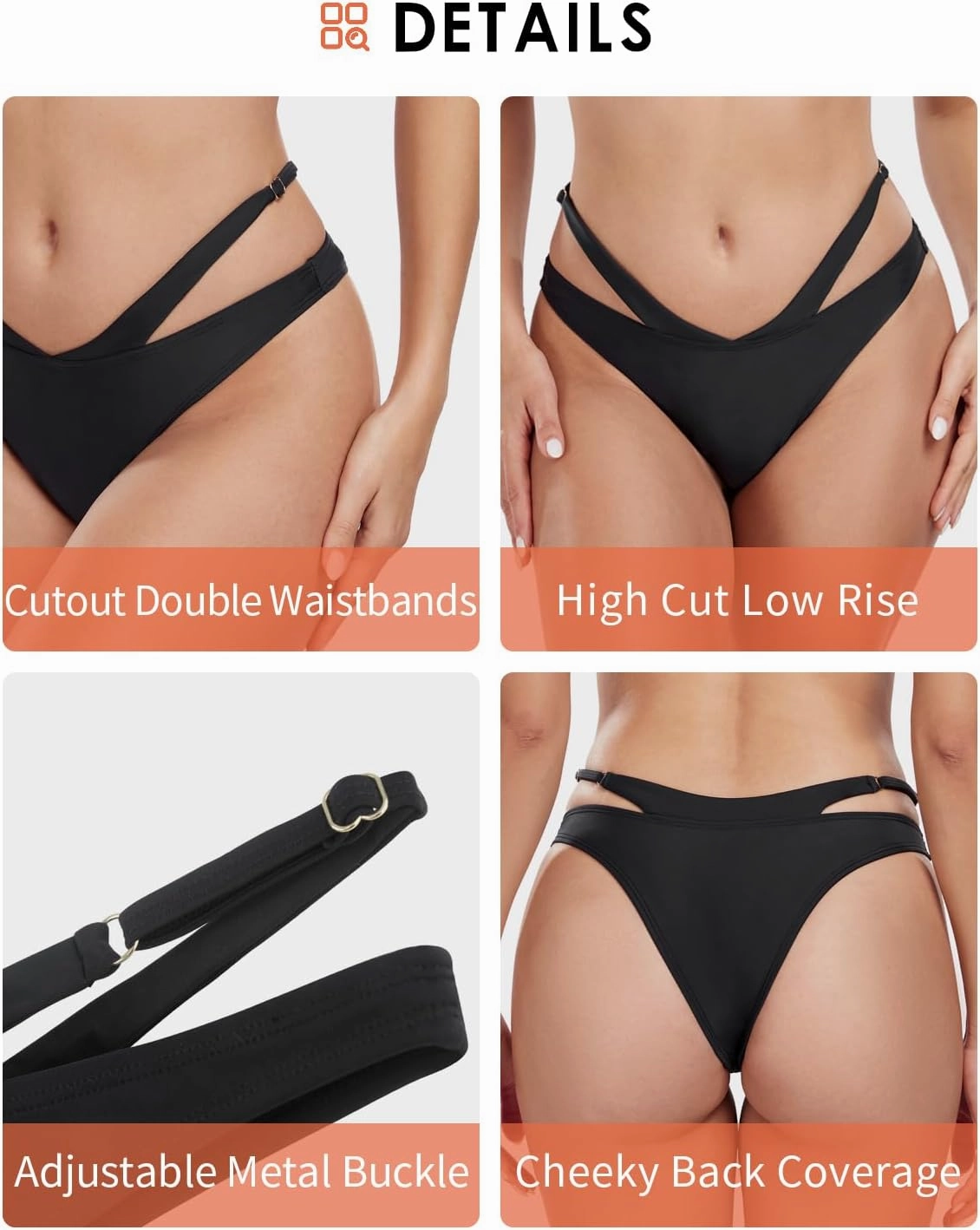 Women's Adjustable Swim Bottoms High Cut Low Waisted Bikini Bottoms Cheeky Bathing Suit Bottoms