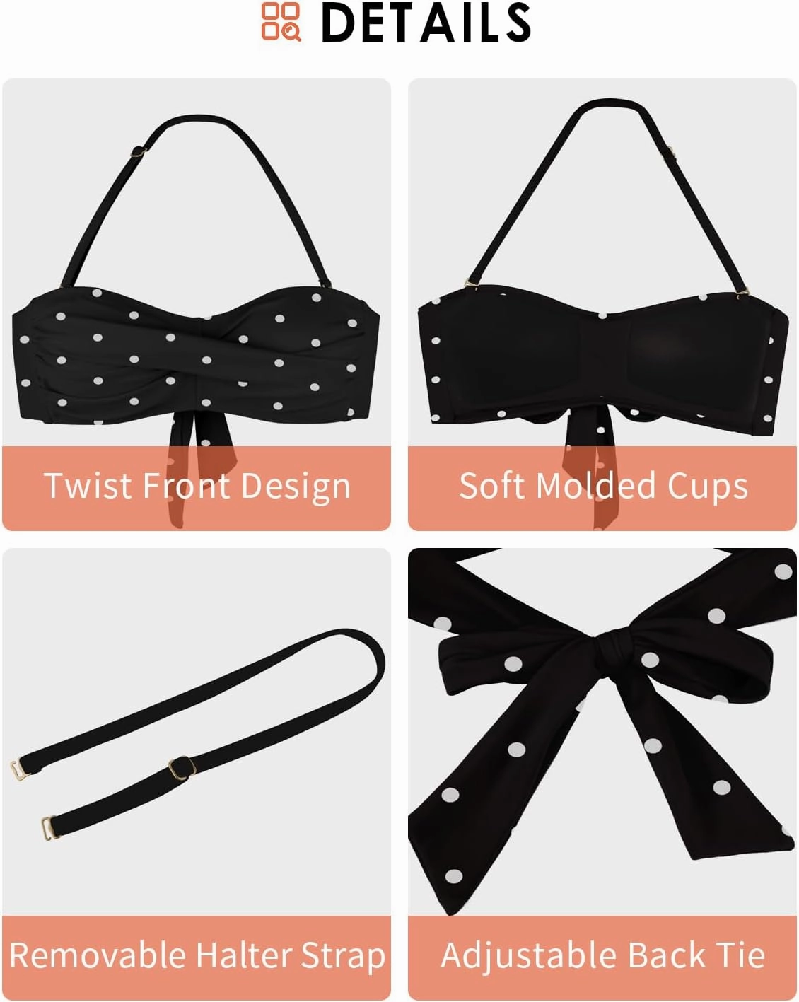 Women's Bandeau Bikini Top Strapless Tie Back Bathing Suit Top