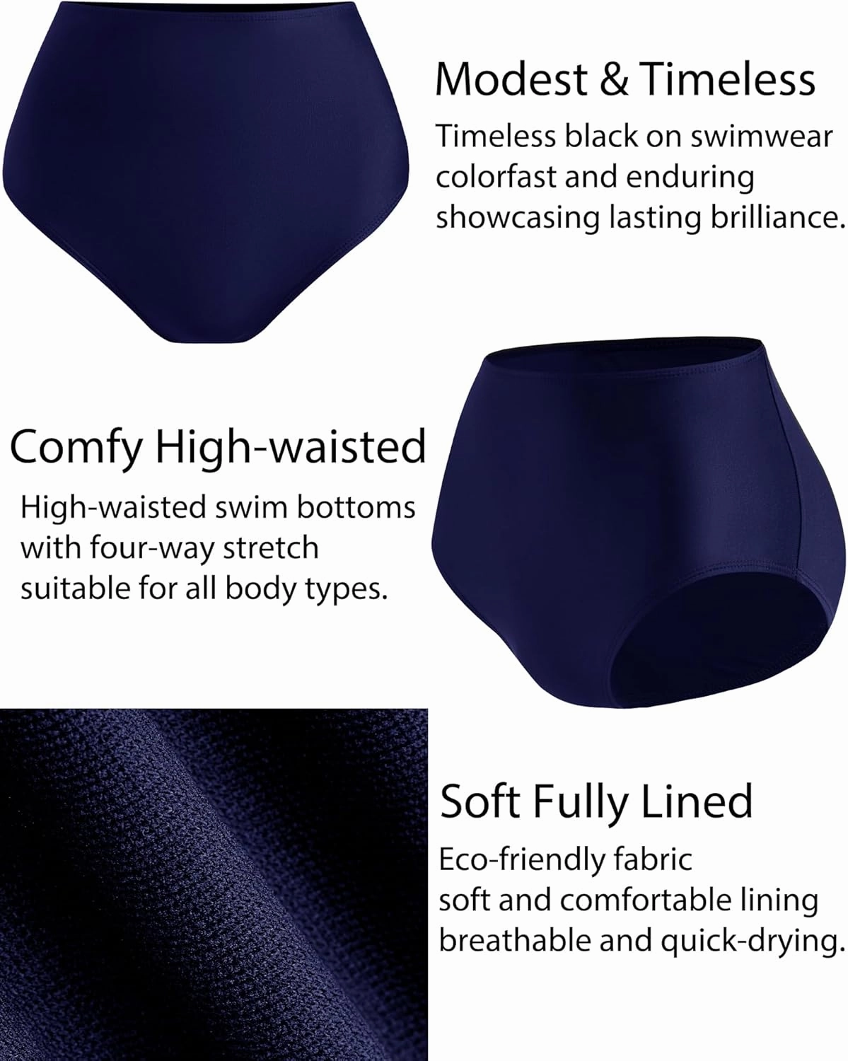 Women's Black High Waisted Bikini Bottom Full Coverage Bathing Suit Swim Bottoms Tummy Control Swimsuit Shorts