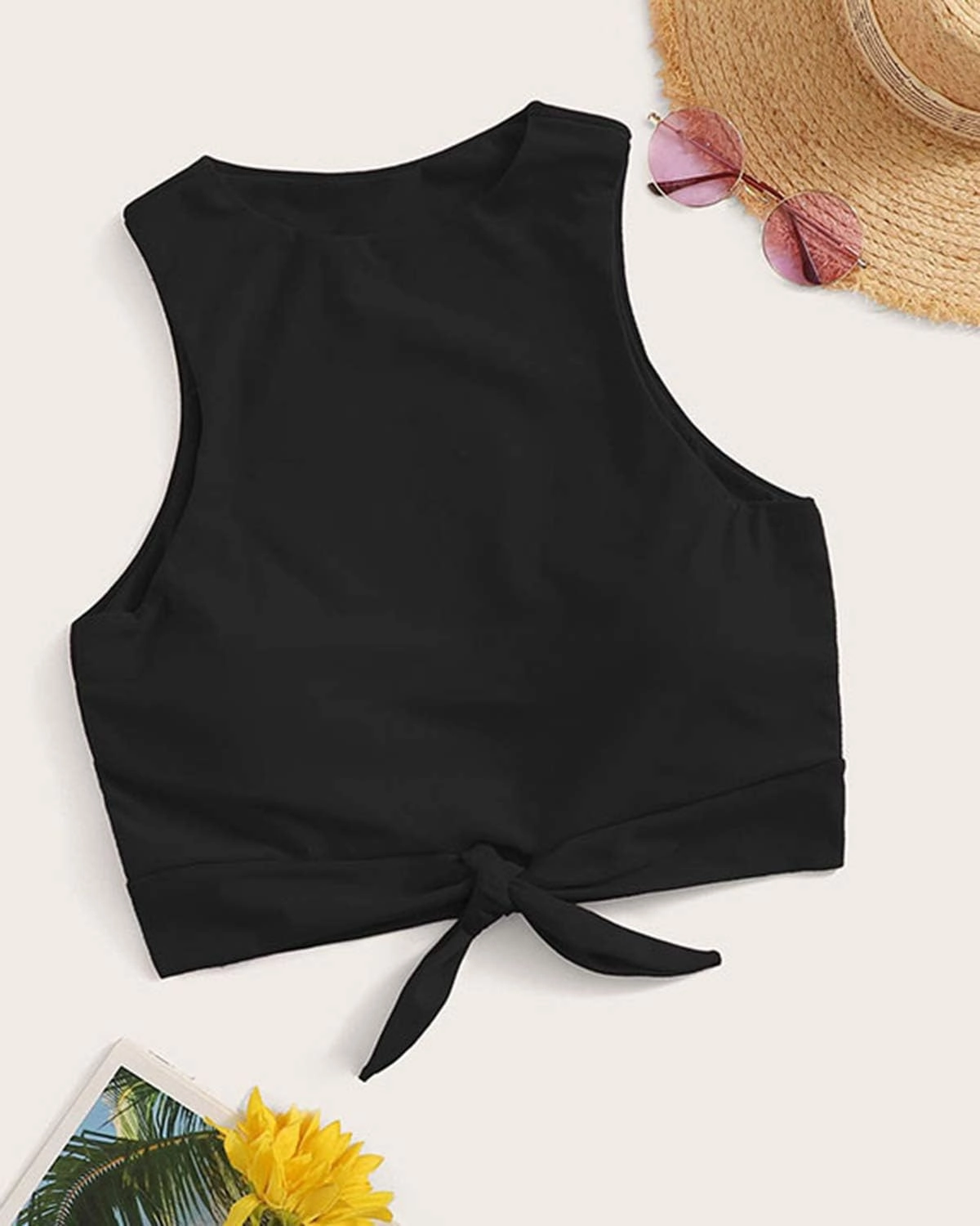 Women's Cut Out Tie Knot Front Scoop High Neck Tank Crop Top Bikini Swimsuit Top Only