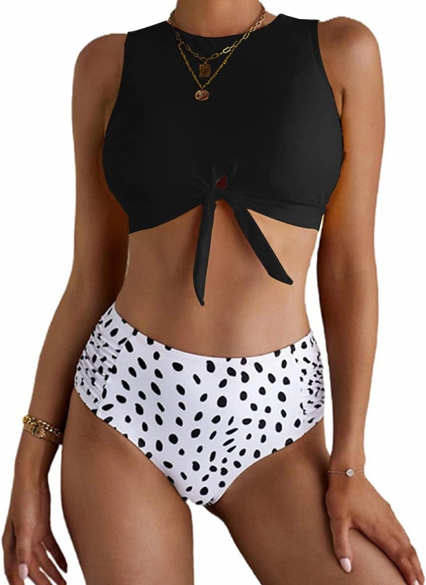 Women's Cut Out Tie Knot Front Scoop High Neck Tank Crop Top Bikini Swimsuit Top Only