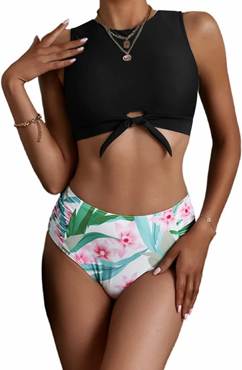 Women's Cut Out Tie Knot Front Scoop High Neck Tank Crop Top Bikini Swimsuit Top Only