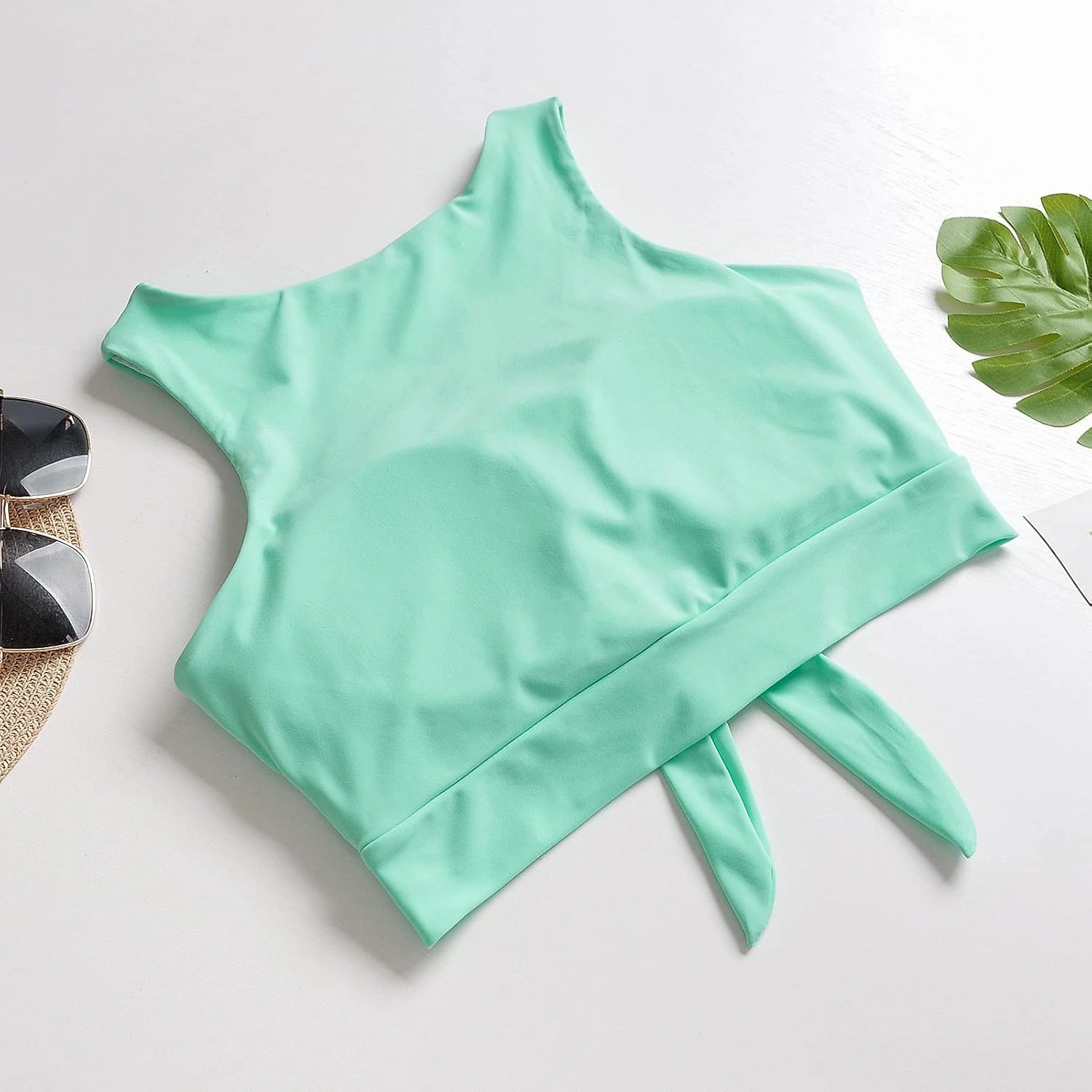 Women's Cut Out Tie Knot Front Scoop High Neck Tank Crop Top Bikini Swimsuit Top Only