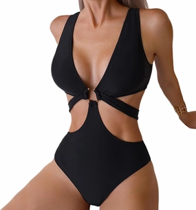 Women's Deep V Neck One Piece Swimsuit O-Ring Swimwear Sexy Cut Out Bathing Suit