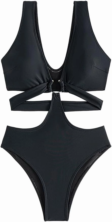 Women's Deep V Neck One Piece Swimsuit O-Ring Swimwear Sexy Cut Out Bathing Suit