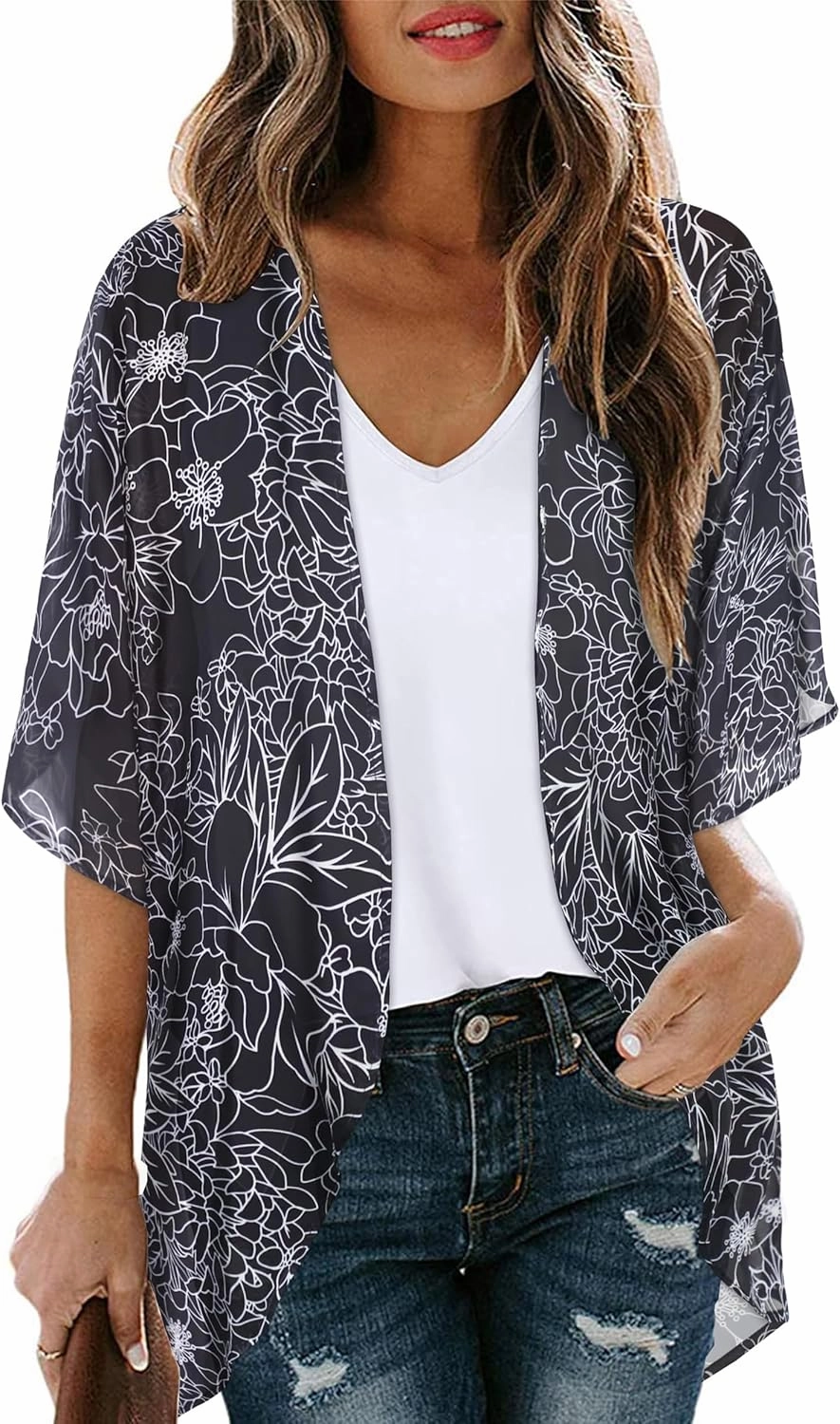 Women's Floral Cardigan Coverups Bohemian Kimono Loose Cover Up Tops Beach Swimsuit Puff Sleeve Blouse Female Chiffon Summer