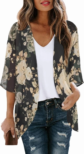 Women's Floral Cardigan Coverups Bohemian Kimono Loose Cover Up Tops Beach Swimsuit Puff Sleeve Blouse Female Chiffon Summer