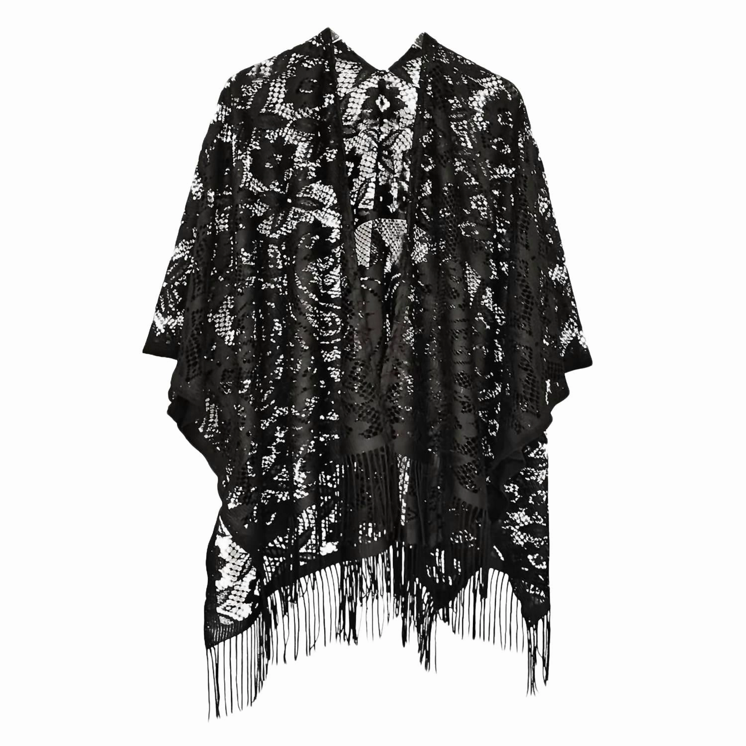 Women's Floral Lace Fringe Boho Kimono Wrap Shawl Cover Up In Black