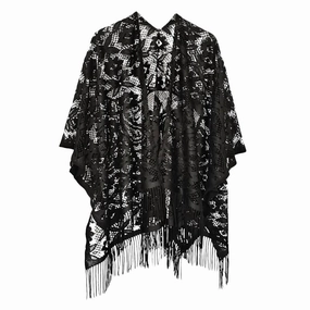 Women's Floral Lace Fringe Boho Kimono Wrap Shawl Cover Up In Black