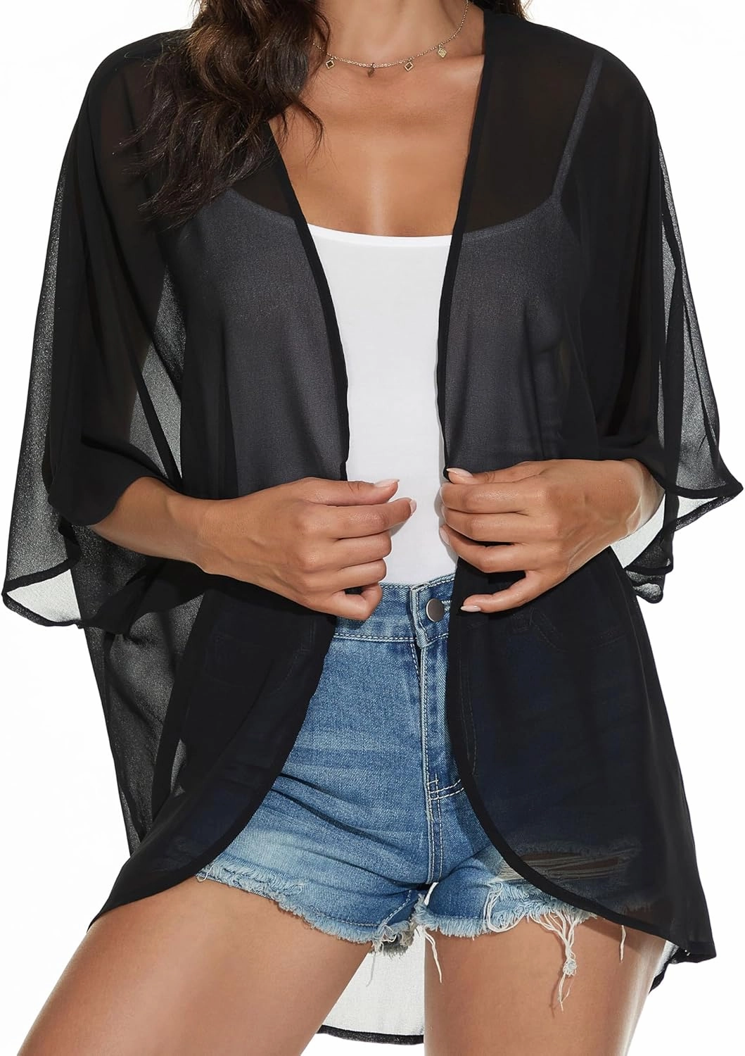 Women's Floral Print Puff Sleeve Kimono Cardigan Loose Cover Up Casual Blouse Tops
