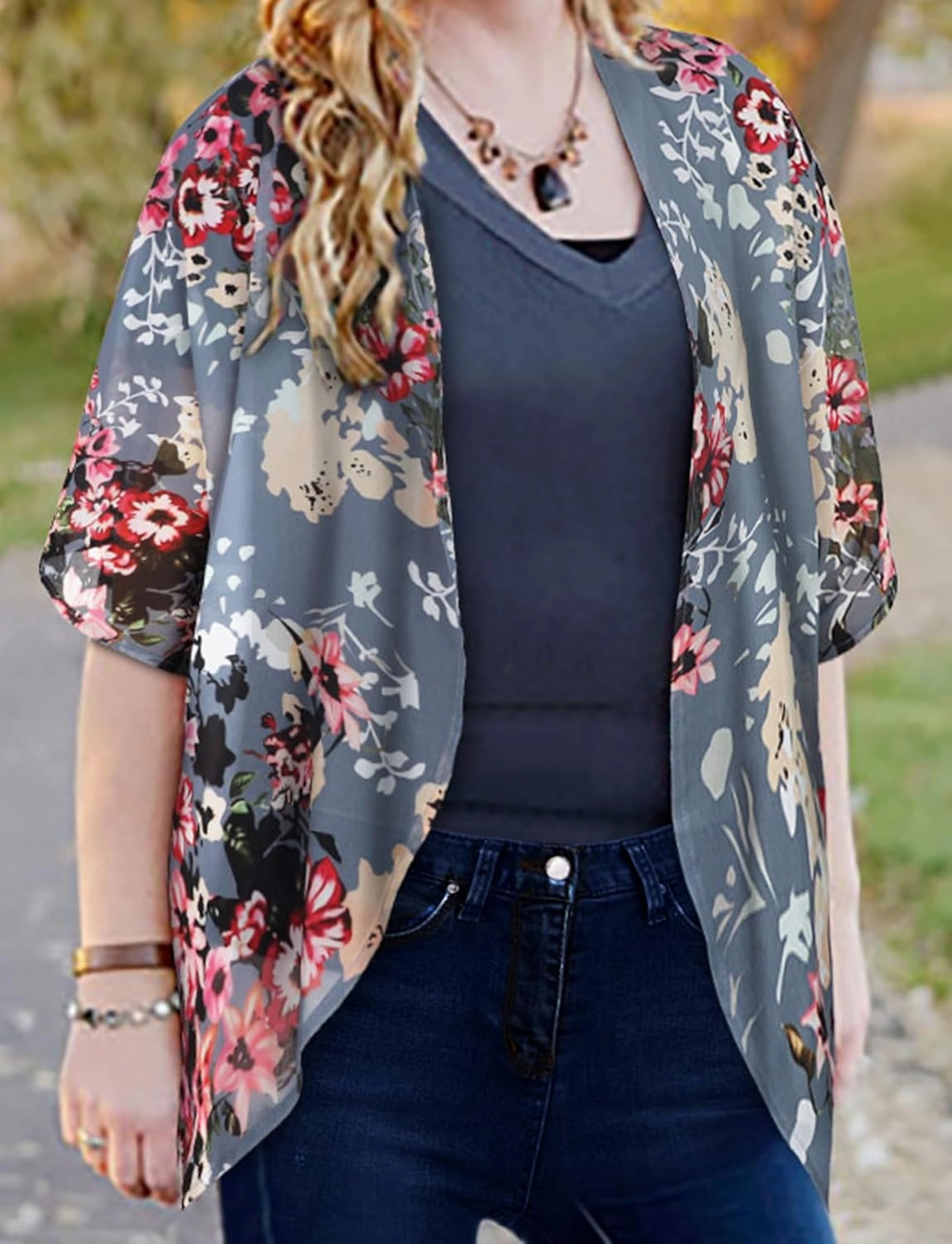 Women's Floral Print Puff Sleeve Kimono Cardigan Loose Cover Up Casual Blouse Tops