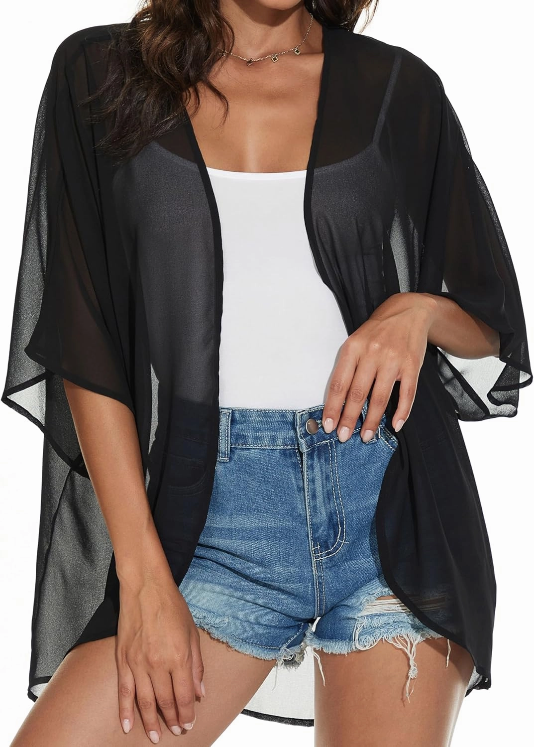 Women's Floral Print Puff Sleeve Kimono Cardigan Loose Cover Up Casual Blouse Tops