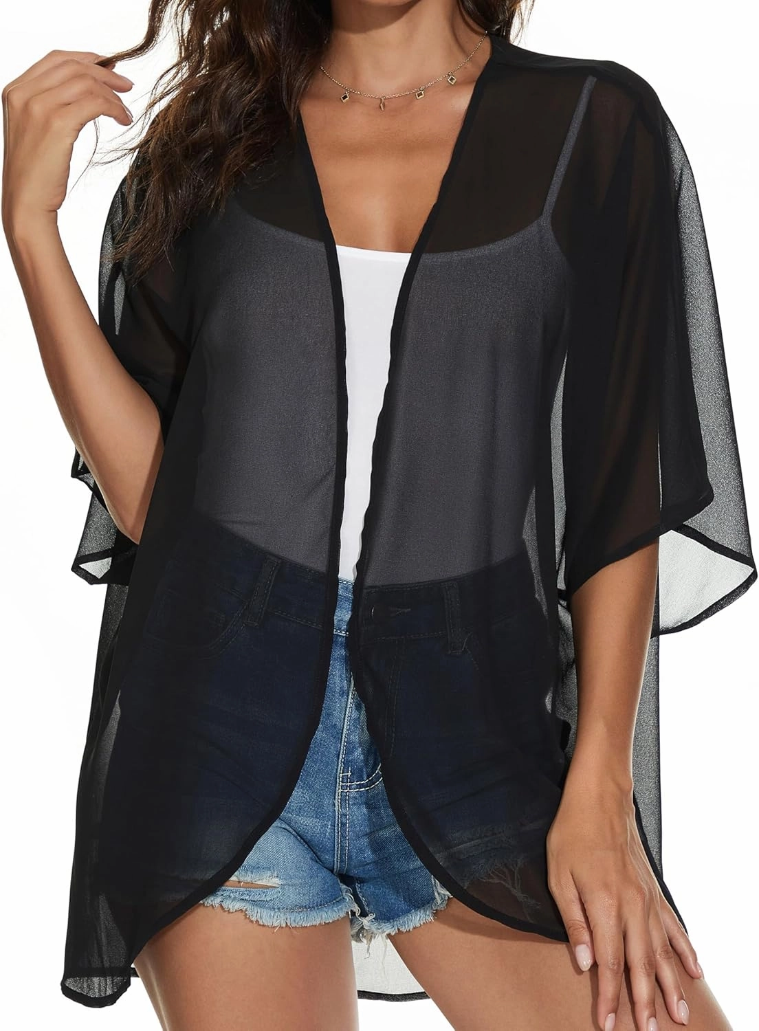 Women's Floral Print Puff Sleeve Kimono Cardigan Loose Cover Up Casual Blouse Tops