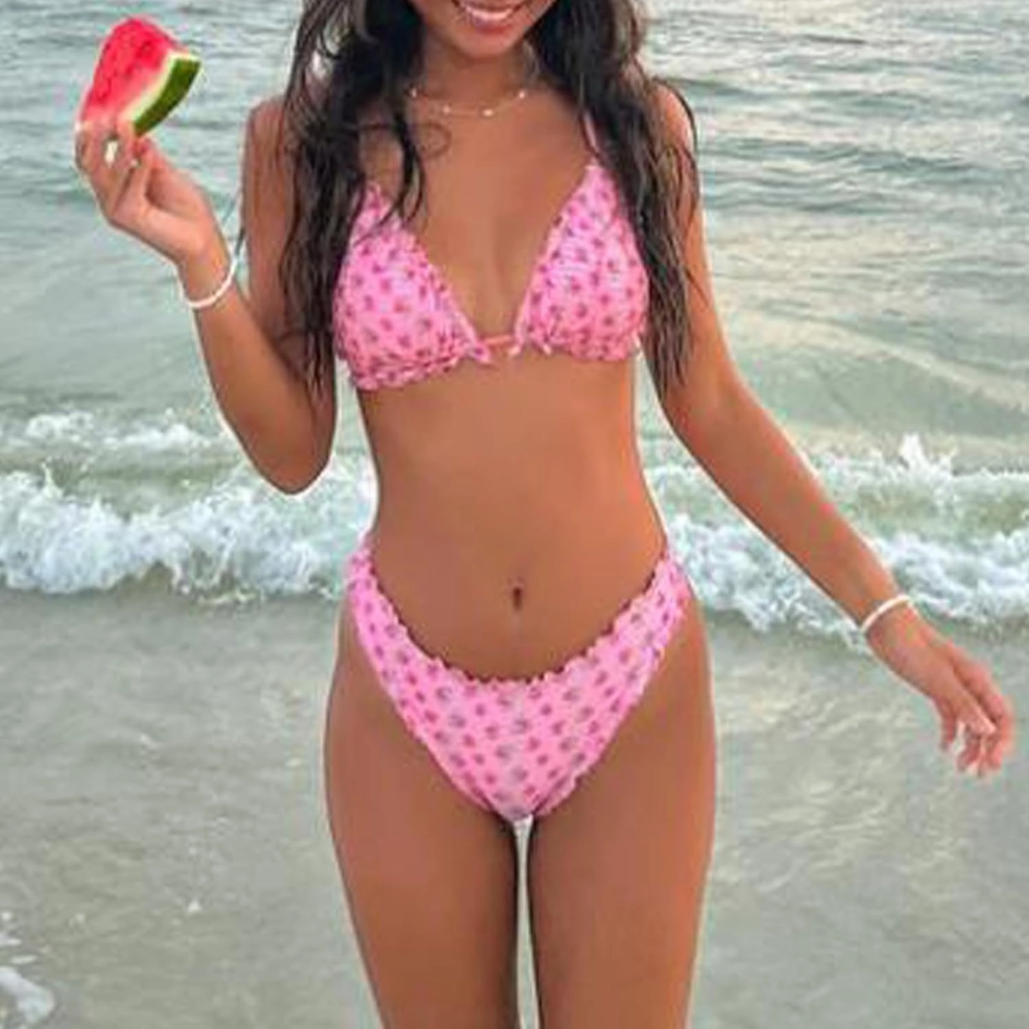 Women's Halter Bikini Set Bow Tie Up Bra with Low Waist High Cut Thong Two Piece Swimsuit