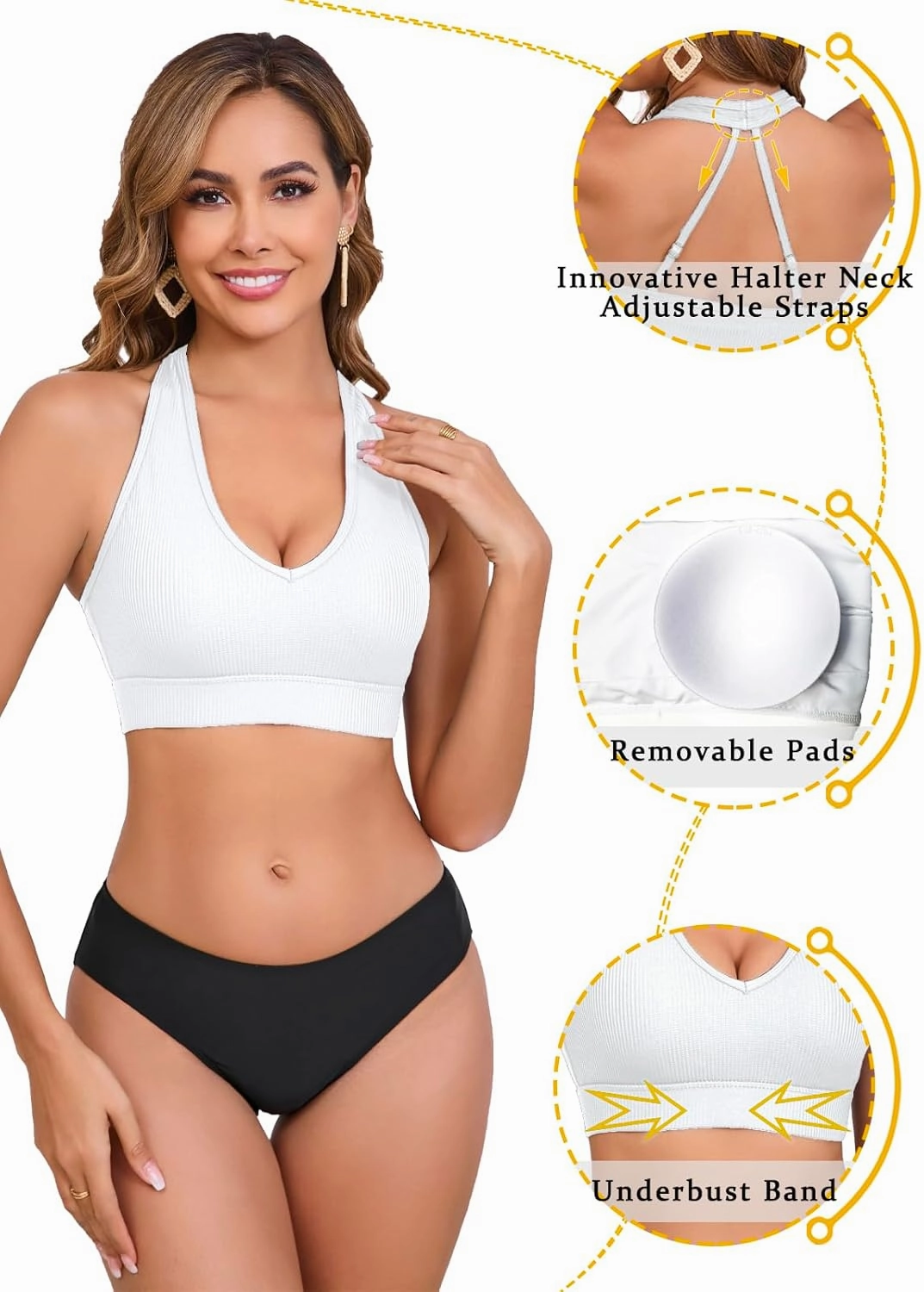 Women's Halter Sports Bra Bikini Top V-Neck Bathing Suit Tops Supportive Swim Top Ribbed Swimsuit Swimwear Tops Only