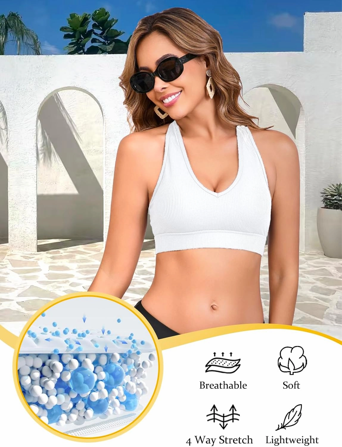 Women's Halter Sports Bra Bikini Top V-Neck Bathing Suit Tops Supportive Swim Top Ribbed Swimsuit Swimwear Tops Only