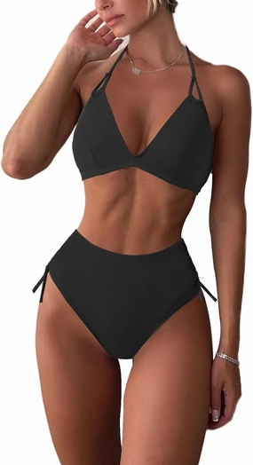 Women's High Waisted Bikini Sets Side Drawstring Adjustable Swimwear Halter Cheeky Two Piece Bathing Suit