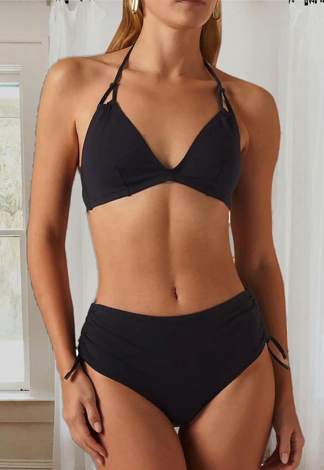 Women's High Waisted Bikini Sets Side Drawstring Adjustable Swimwear Halter Cheeky Two Piece Bathing Suit