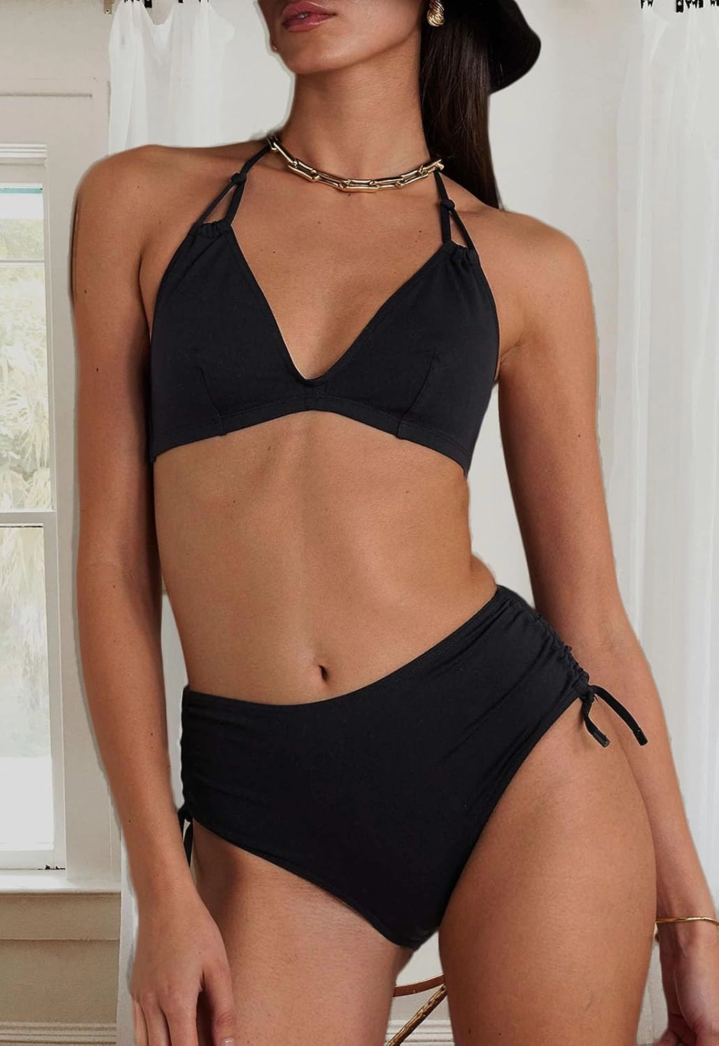 Women's High Waisted Bikini Sets Side Drawstring Adjustable Swimwear Halter Cheeky Two Piece Bathing Suit
