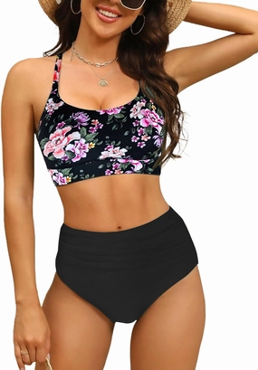 Women's High Waisted Bikini Sets Sporty Scoop Neck Cross Back Bathing Suit Two Piece Swimsuits for Women