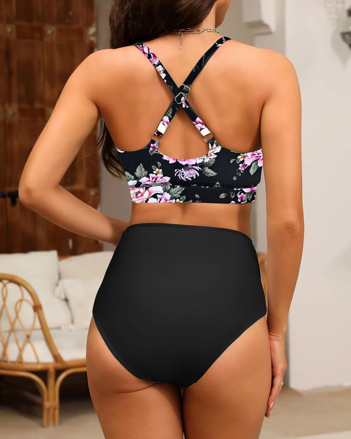 Women's High Waisted Bikini Sets Sporty Scoop Neck Cross Back Bathing Suit Two Piece Swimsuits for Women