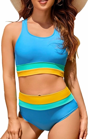 Women's High Waisted Bikini Sets Two Piece Swimsuit Color Block Sporty Athletic Moderate Coverage Bathing Suits