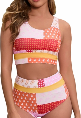 Women's High Waisted Bikini Sets Two Piece Swimsuit Color Block Sporty Athletic Moderate Coverage Bathing Suits