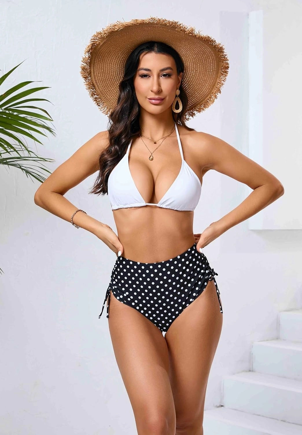 Women's High Waisted Full Coverage Cheeky Bikini Bottoms Tummy Control Adjustable Dtawstring Swim Bottoms