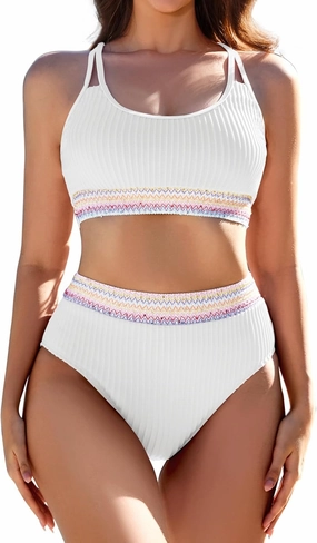 Women's High Waisted Ribbed Bikini Set Two Piece Crop Top High Cut Swimsuit Criss Cross Back Bathing Suit A