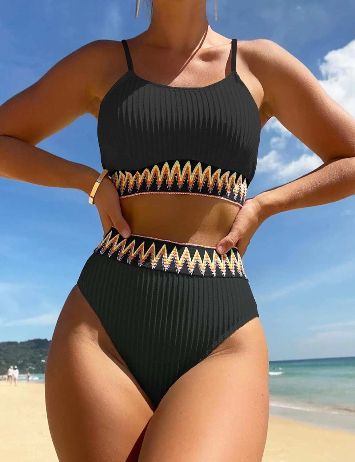 Women's High Waisted Swimsuit Two Piece Ribbed Bikini Sets Crop Top High Cut Cheeky Bathing Suits