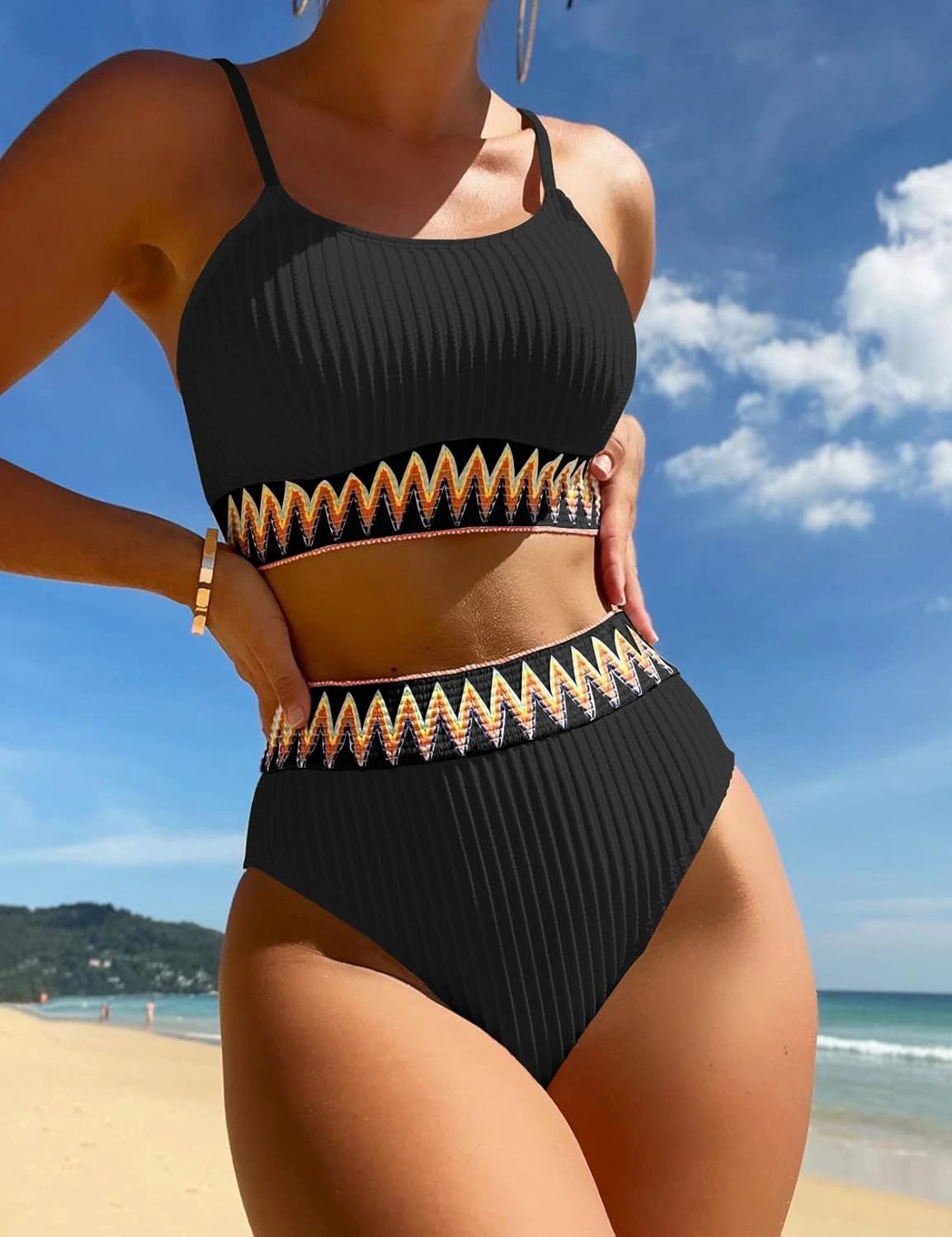 Women's High Waisted Swimsuit Two Piece Ribbed Bikini Sets Crop Top High Cut Cheeky Bathing Suits