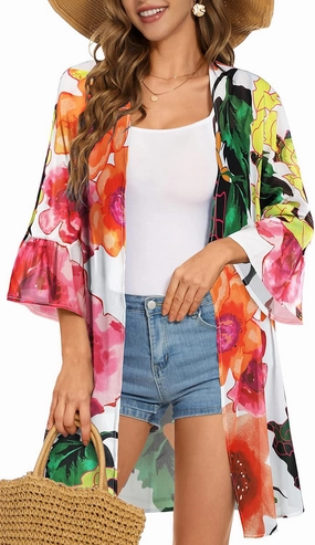 Women's Kimono Cardigans Floral Chiffon Loose Open Front Casual Summer Tops