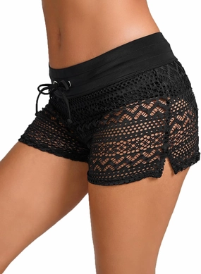 Women's Lace Swim Shorts Drawstring Bathing Suit Shorts Board Shorts Bottoms Hollow Swimsuit Boy Shorts
