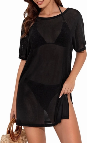 Women's Mesh Sheer Swimsuit Cover up Side Slit Tie Short Sleeve Beach Skirt Multi-Way Wear Bikini Swim Coverup