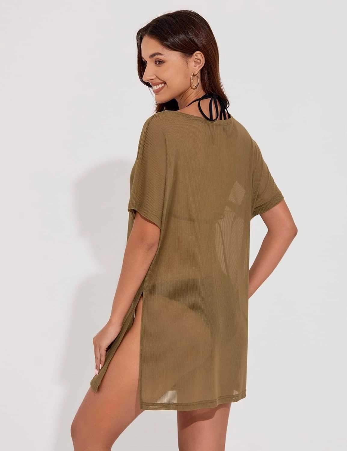 Women's Mesh Sheer Swimsuit Cover up Side Slit Tie Short Sleeve Beach Skirt Multi-Way Wear Bikini Swim Coverup