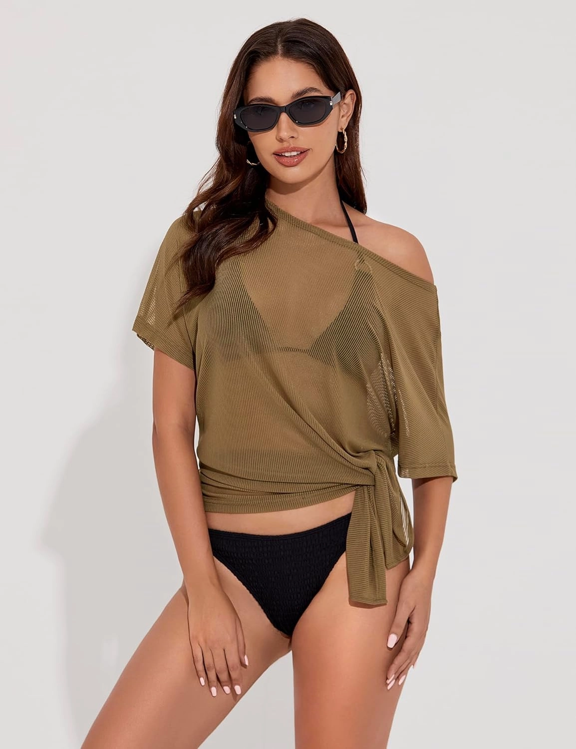 Women's Mesh Sheer Swimsuit Cover up Side Slit Tie Short Sleeve Beach Skirt Multi-Way Wear Bikini Swim Coverup