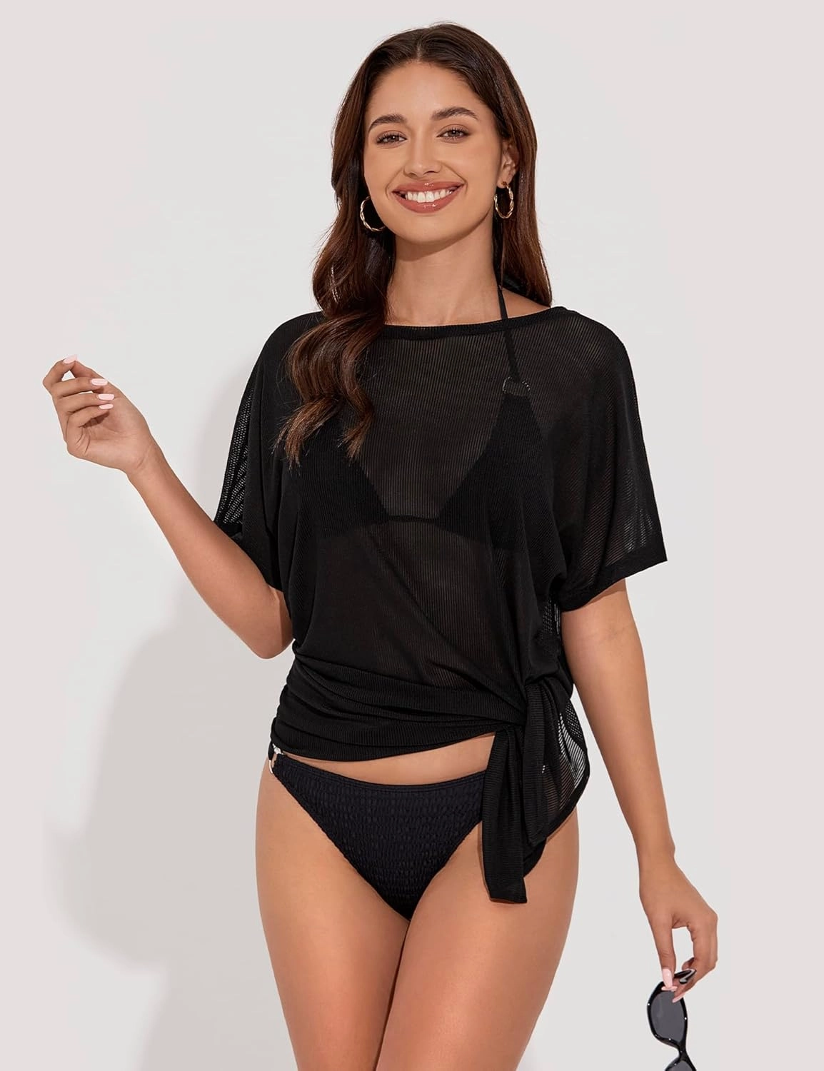 Women's Mesh Sheer Swimsuit Cover up Side Slit Tie Short Sleeve Beach Skirt Multi-Way Wear Bikini Swim Coverup